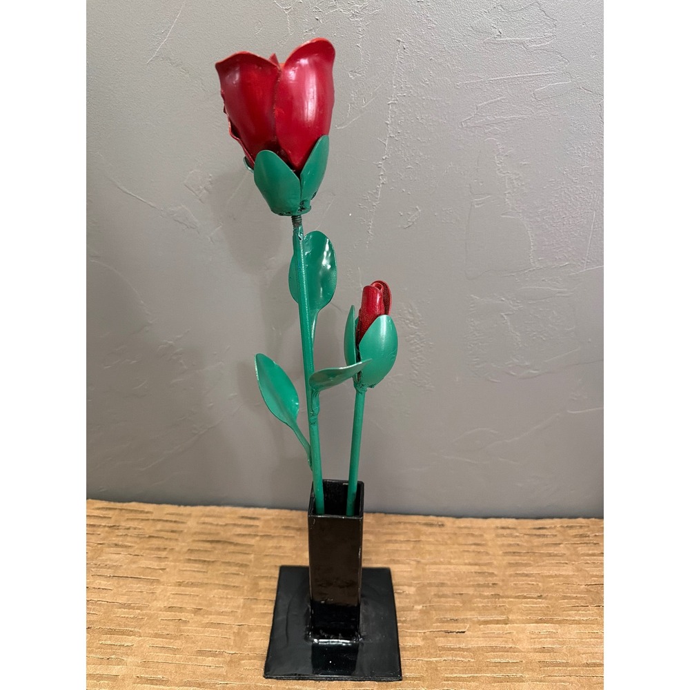Handmade Metal Rose Sculpture Upcycled Spoon Art Red Flower Industrial Decor 16"